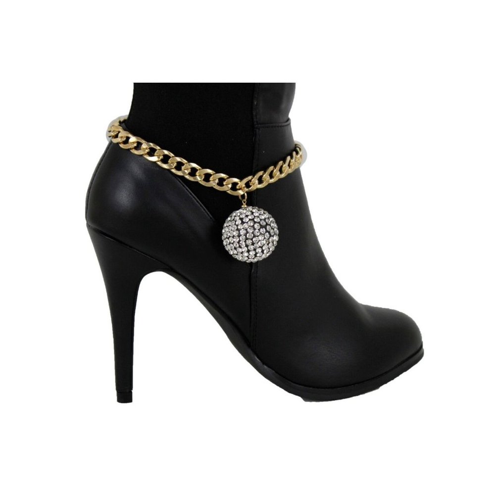 Women Gold Metal Chain Boot Bracelet Shoe Anklet Big Disco Ball Bling 80's Charm